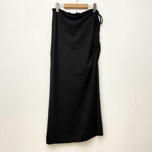 Long Black Low Rise Ruched Skirt with High Slit